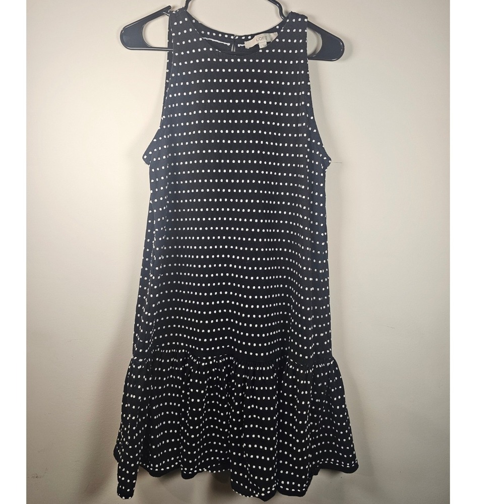 LOFT Black White Polka Dot Ruffle Hem Sleeveless Shift Dress Small Textured Knit